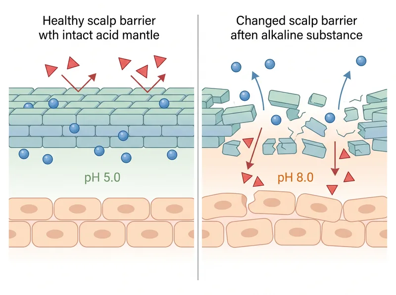 Diagram showing how alkaline products change the scalp's protective acid mantle barrier