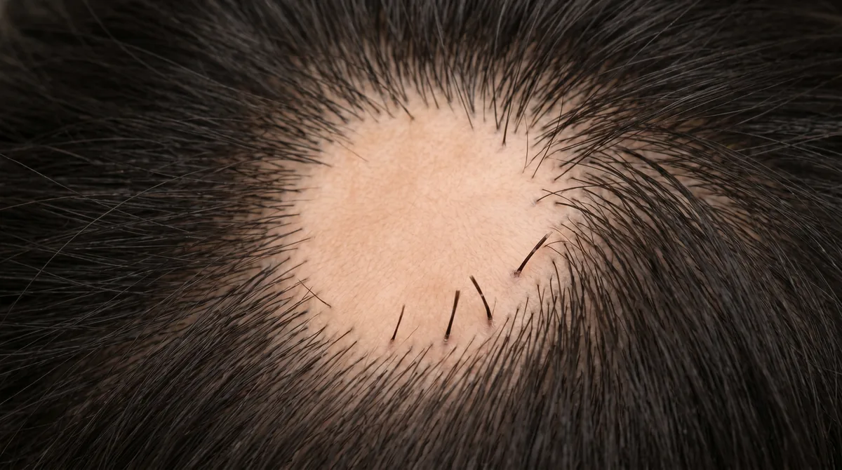 Close-up of scalp showing smooth, circular patch of alopecia areata with visible exclamation mark hairs at the border