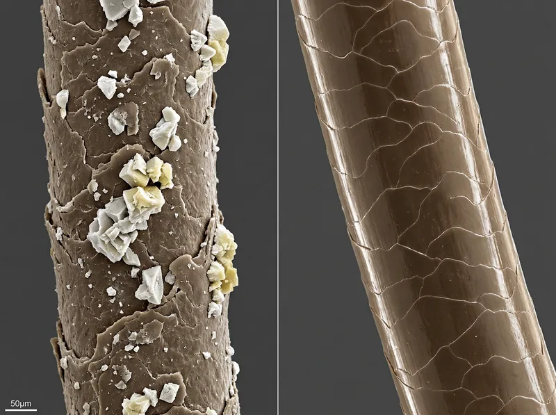 Microscopic comparison showing hair strand damage from hard water mineral deposits versus protected healthy hair