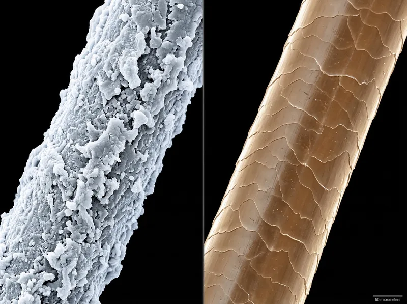 Side-by-side microscopic comparison of hair strands showing mineral deposits versus clean cuticles