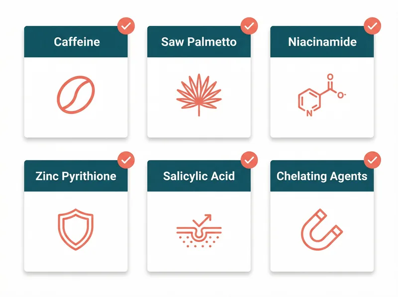Visual checklist showing effective hair growth ingredients to look for beyond biotin in shampoo formulas