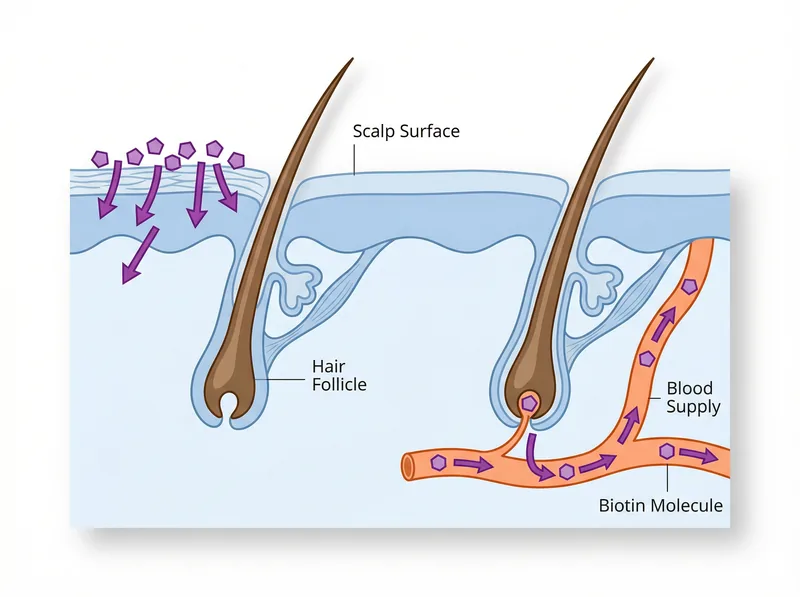 Scientific diagram showing biotin molecule interaction with hair follicle and scalp barrier