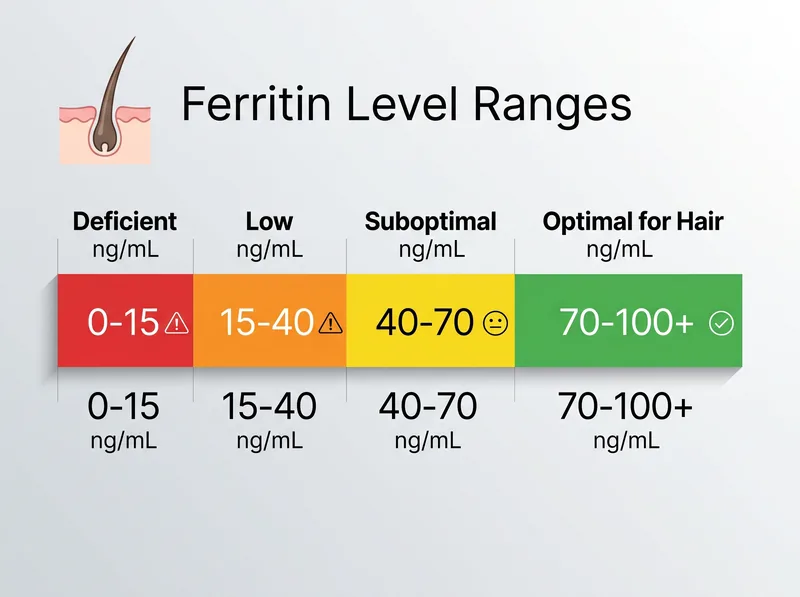 Medical infographic showing ferritin level ranges for optimal hair growth with color-coded zones from deficient to optimal