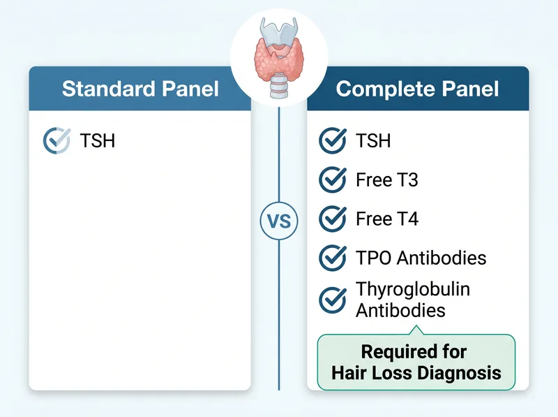 Side-by-side comparison of standard thyroid panel versus complete thyroid panel showing which markers affect hair growth
