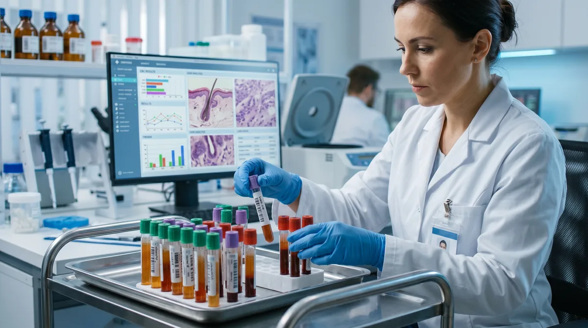 Laboratory technician analyzing blood sample vials with hair follicle microscopy results displayed on computer screen in modern medical lab