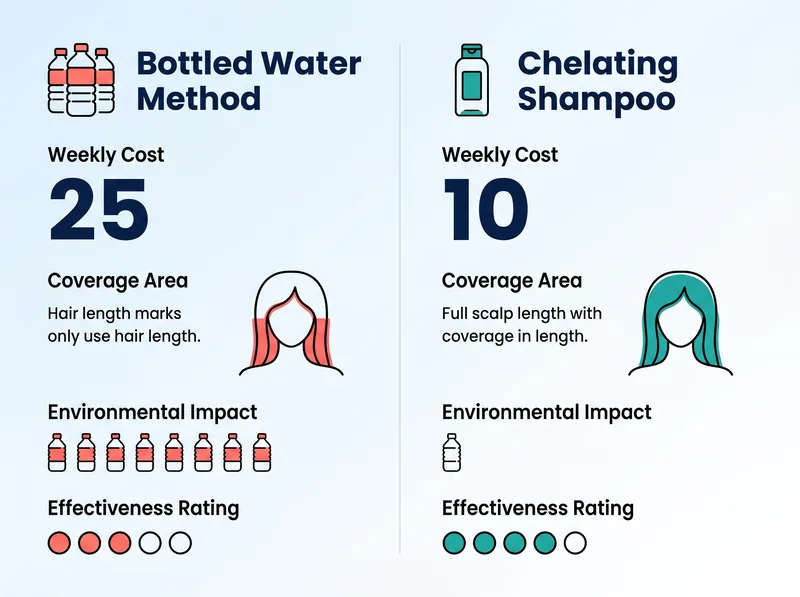 Cost comparison infographic showing weekly bottled water expense versus chelating shampoo treatment