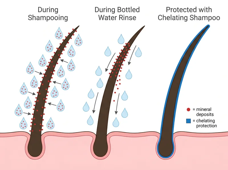 Scientific diagram showing mineral deposits on hair shaft and how final rinse affects only hair length not scalp