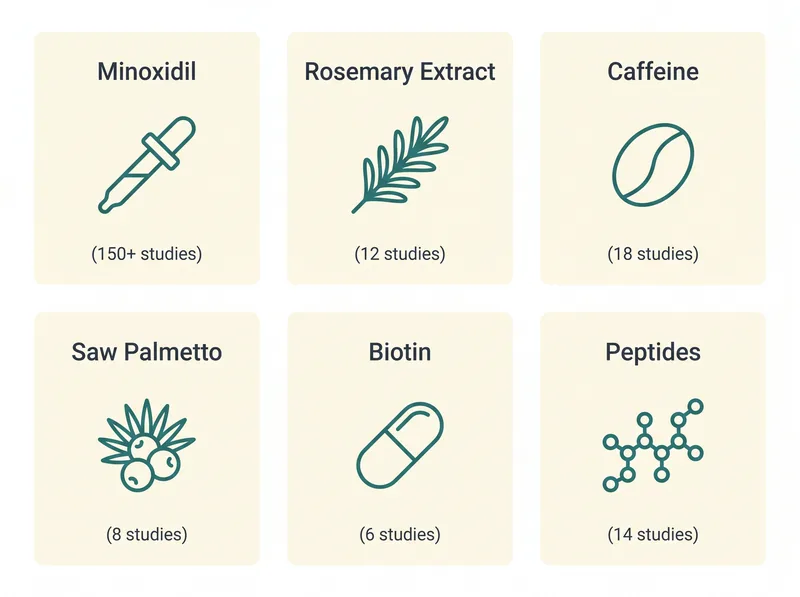 Comparison grid showing evidence-backed hair growth ingredients with their clinical study counts