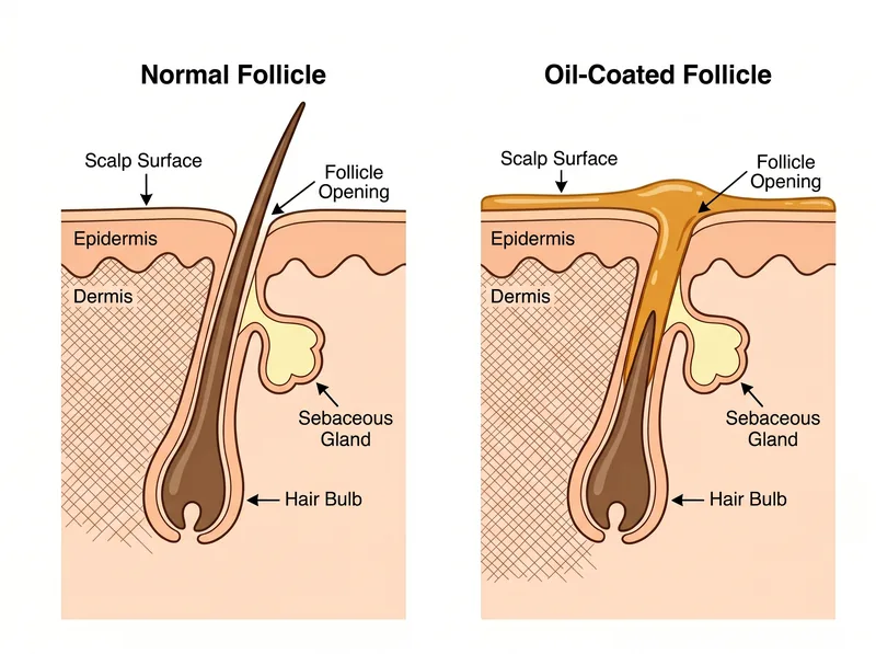 Cross-section diagram of hair follicle showing how thick oils can clog pores and prevent absorption