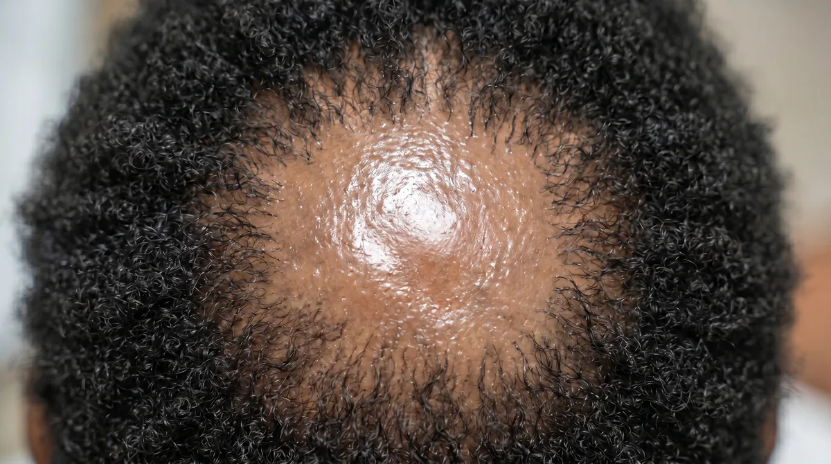 Close-up view of scalp showing central hair loss pattern characteristic of CCCA