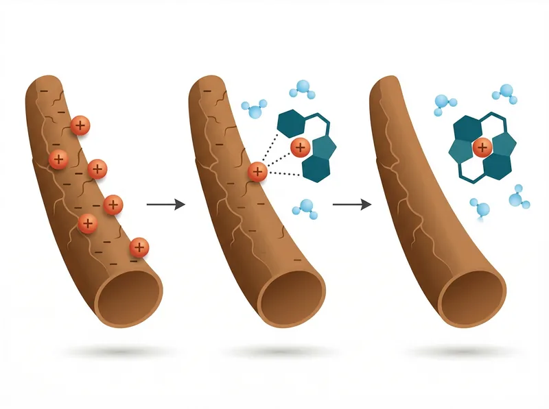 Scientific diagram showing how chelating agents bind to calcium and magnesium ions on hair surface