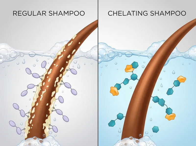 Side-by-side comparison showing mineral buildup removal effectiveness of chelating shampoo versus regular shampoo