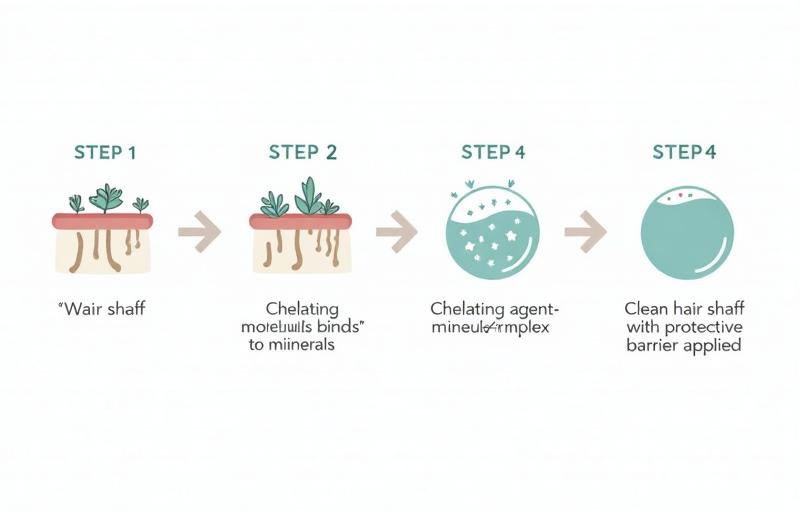 Scientific diagram explaining chelating agents that reverse hard water hair loss and mineral damage