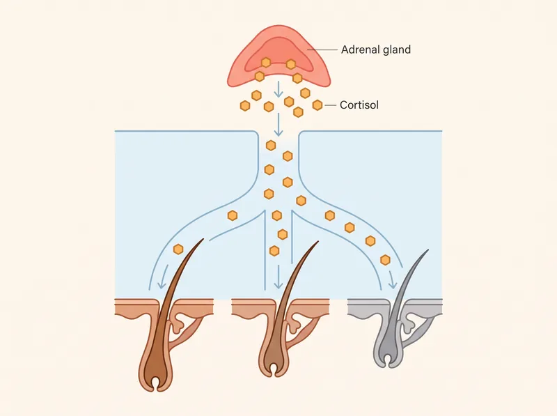 Diagram showing cortisol pathway from adrenal glands to hair follicles