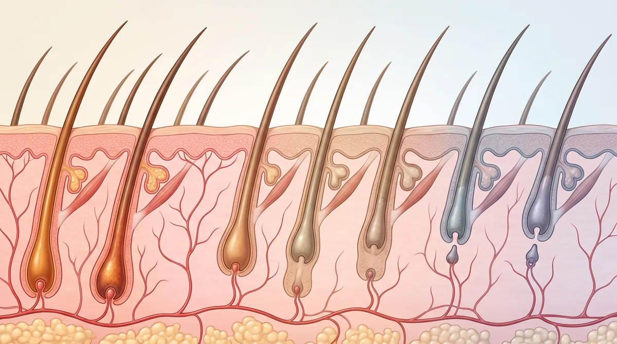 Microscopic view of hair follicles in different growth phases showing telogen shift