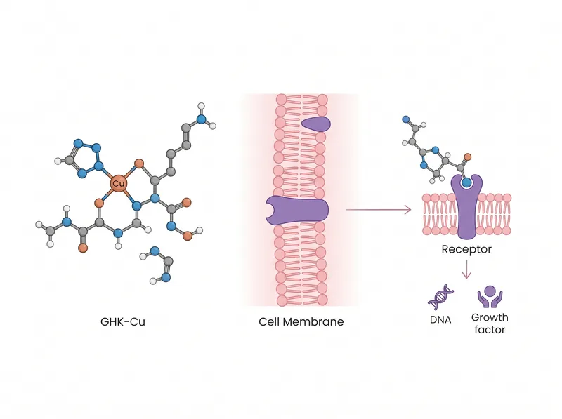 Scientific diagram showing GHK-Cu peptide molecular structure and its interaction with follicle cell receptors