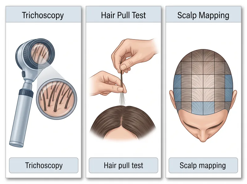 Comparison of dermatological hair examination methods including trichoscopy, pull test, and scalp analysis