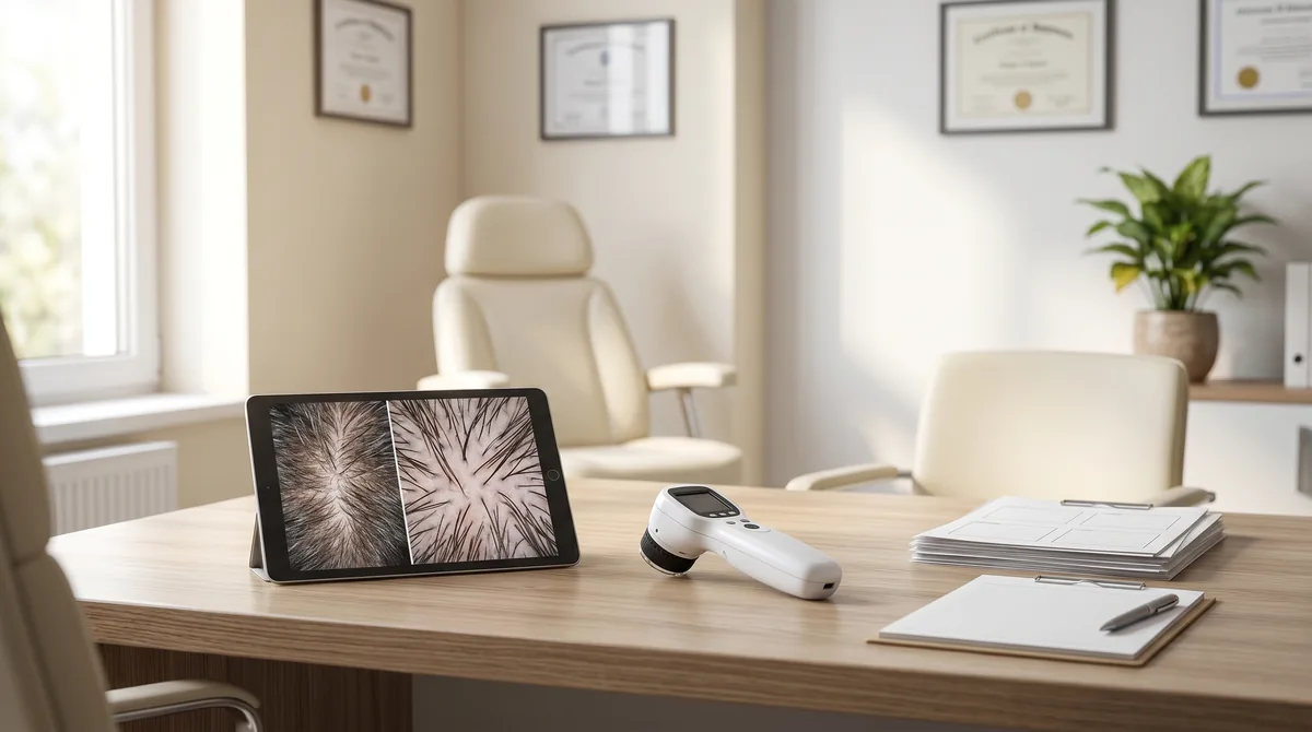 Medical consultation room with dermatologist reviewing patient notes and scalp examination tools on desk