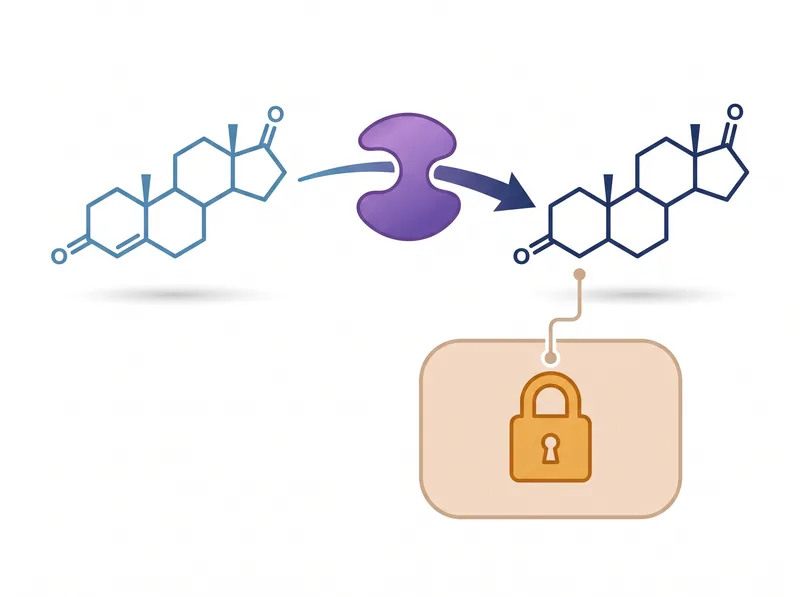 Diagram showing testosterone conversion to DHT through 5-alpha-reductase enzyme in hair follicle cells