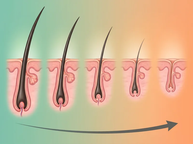 Progressive stages of hair follicle miniaturization over time showing gradual thinning from healthy to severely miniaturized follicle
