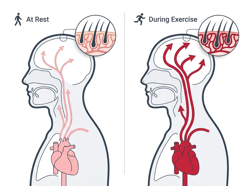 Educational diagram showing how aerobic exercise increases blood flow to scalp capillaries