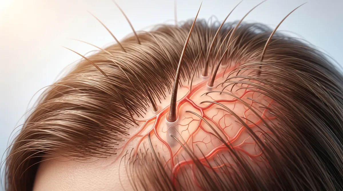 Close-up of scalp showing hair follicles with enhanced blood vessel visualization demonstrating circulation