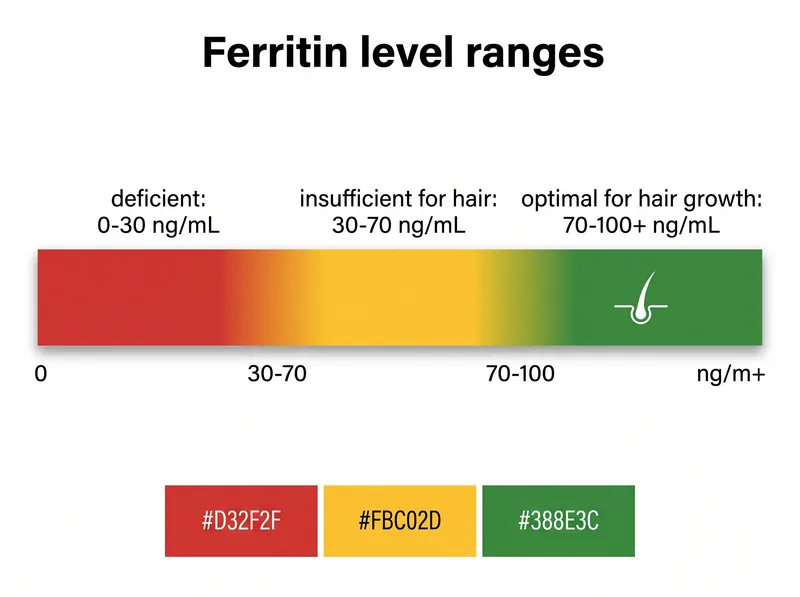 Infographic showing ferritin level ranges from deficient to optimal for hair growth with color-coded zones