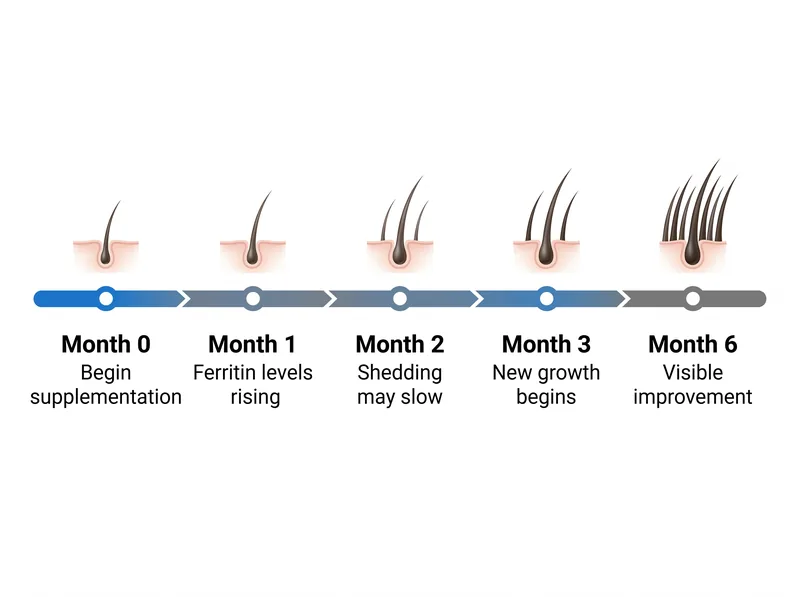 Timeline infographic showing hair growth response to ferritin correction over 3-6 month period