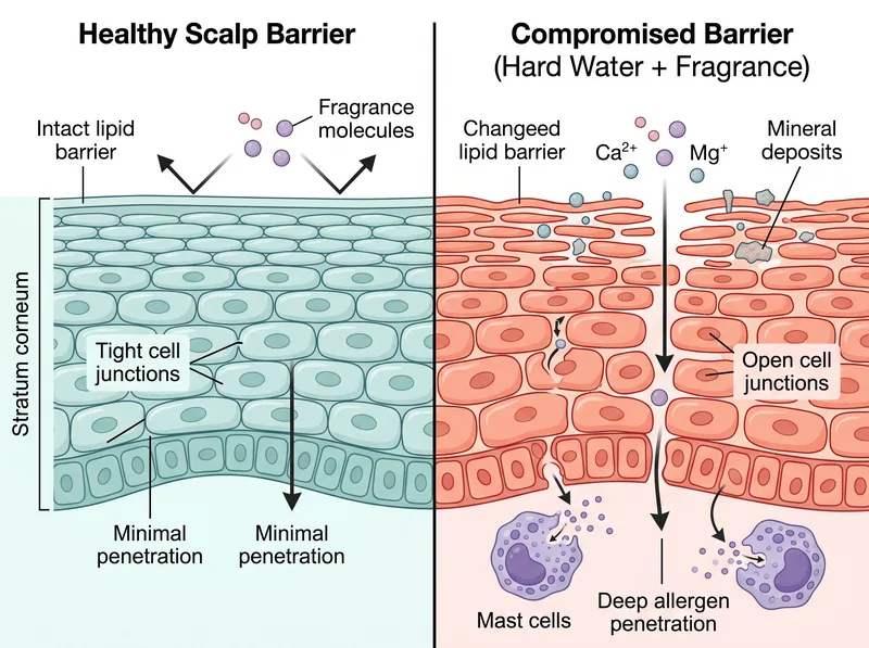 Scientific diagram comparing healthy scalp barrier versus compromised barrier exposed to fragrance allergens and hard water minerals