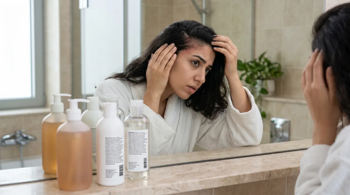 Close-up of a woman examining her irritated scalp in a mirror, with shampoo bottles on a bathroom counter showing ingredient labels