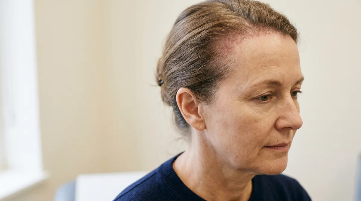 Close-up side profile of a mature woman's hairline showing the characteristic band-like recession pattern of frontal fibrosing alopecia