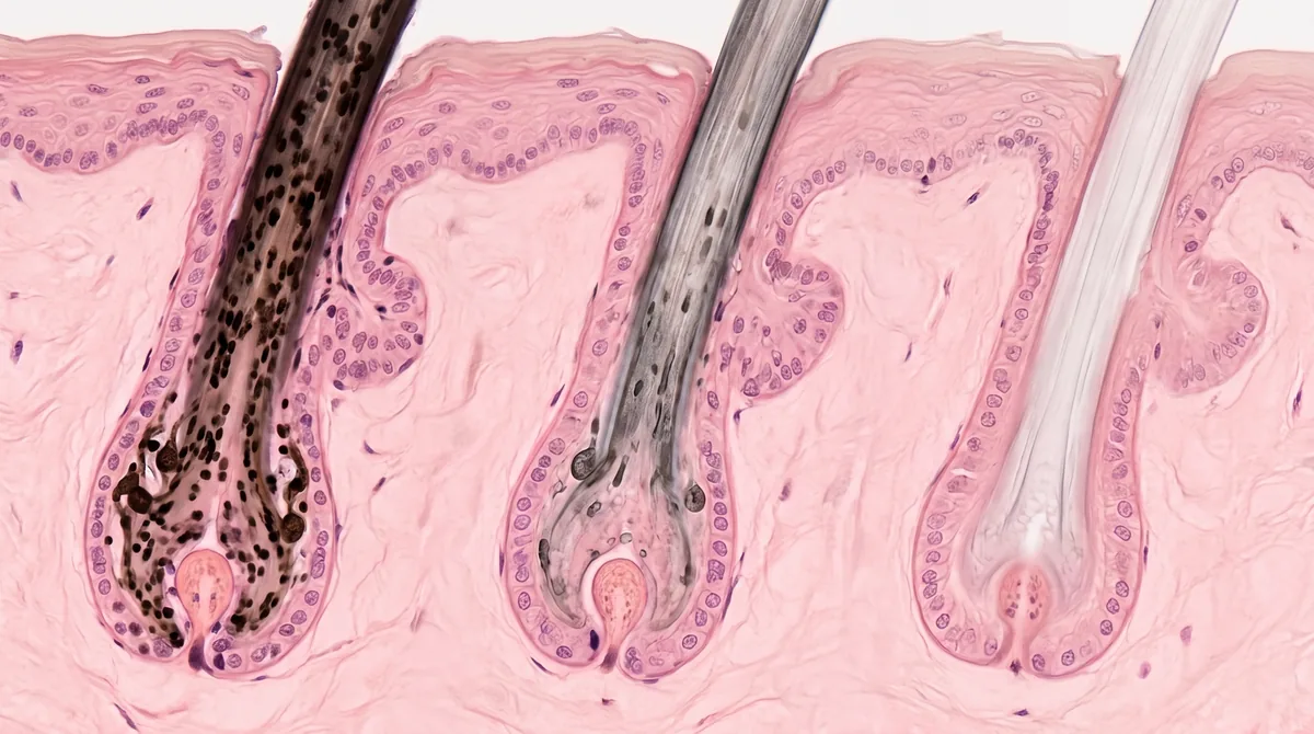 Close-up microscopic view of human hair follicles showing melanocyte cells and pigment granules transitioning from dark to grey