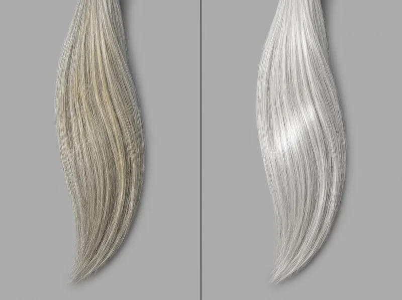 Side-by-side comparison of grey hair showing mineral buildup and yellowing versus clean grey hair