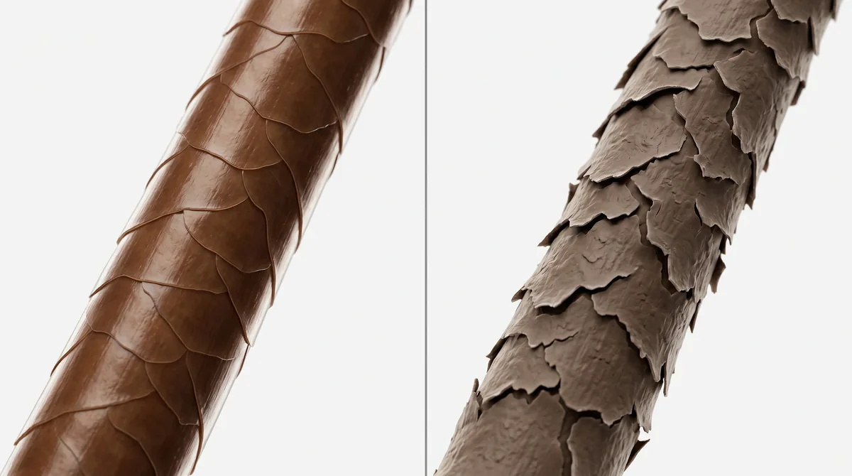Microscopic close-up of healthy hair cuticle scales lying flat and smooth versus damaged raised cuticle scales