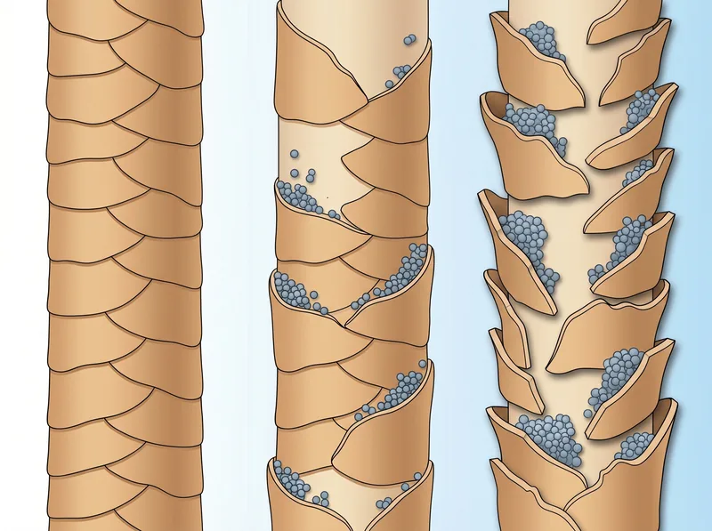 Educational diagram showing how hard water mineral deposits lodge between and under hair cuticle scales