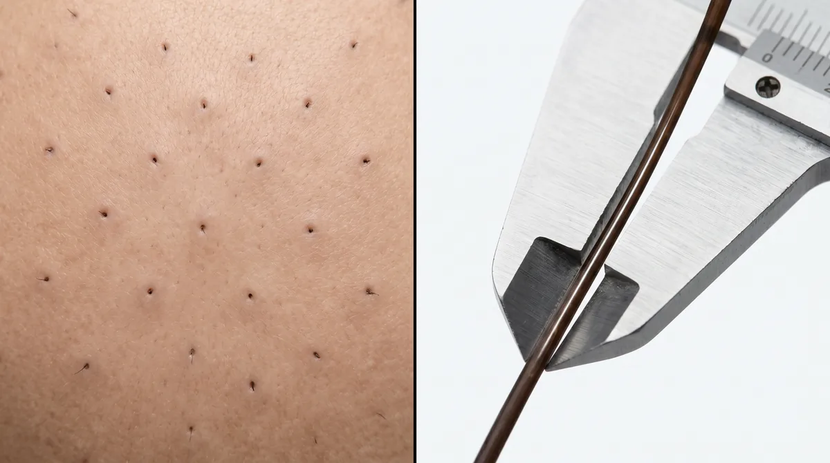 Close-up comparison showing hair follicle density on scalp versus individual strand diameter measurement