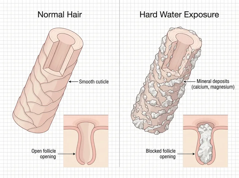 Scientific diagram showing mineral deposits coating hair shaft and blocking follicle