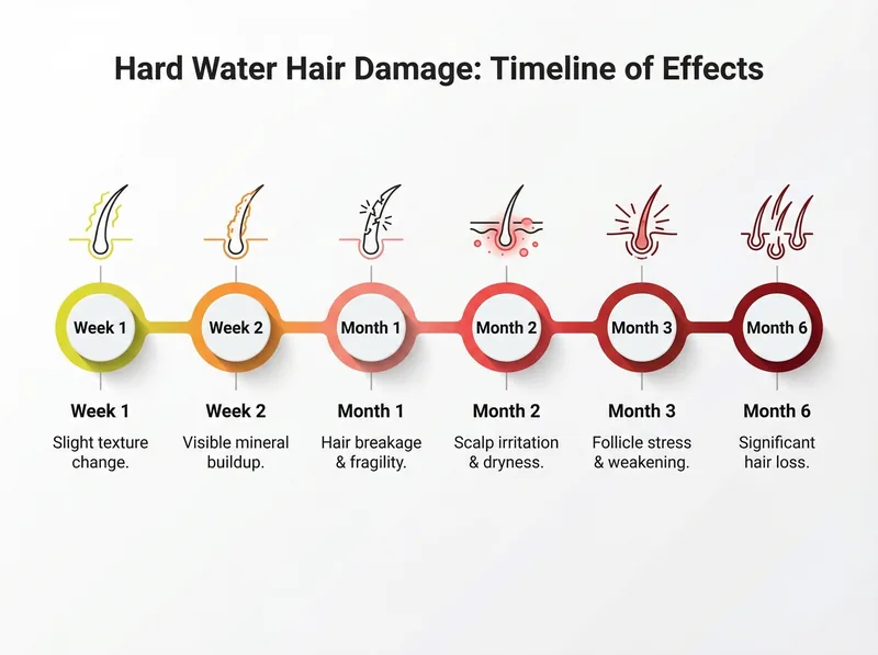 Timeline showing progression of hard water hair damage from week one to six months