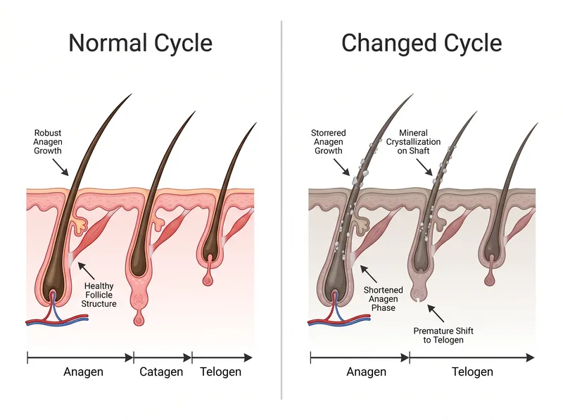 Comparison diagram showing normal hair cycle versus changeed cycle caused by environmental stressors