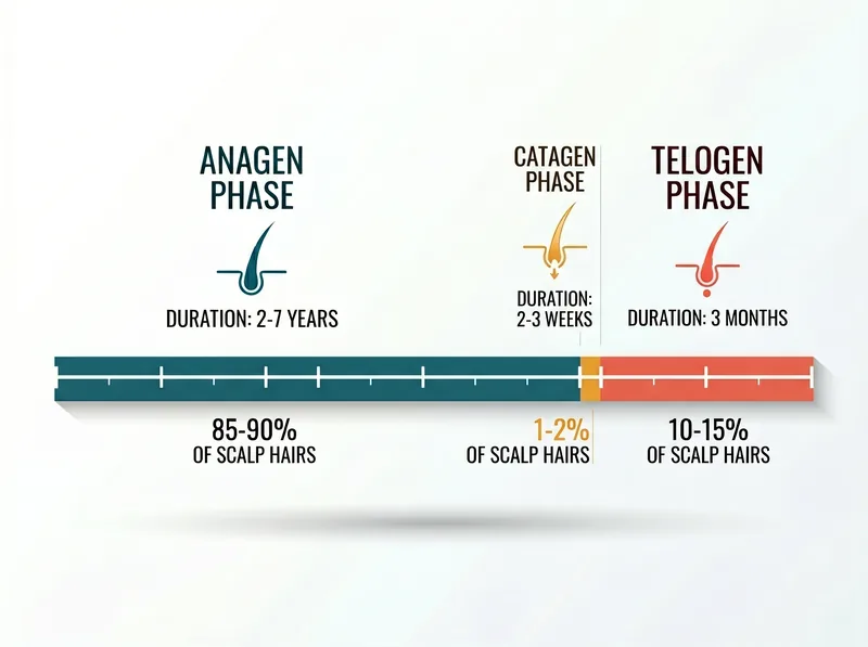 Timeline infographic showing the duration of anagen, catagen, and telogen phases in the hair growth cycle