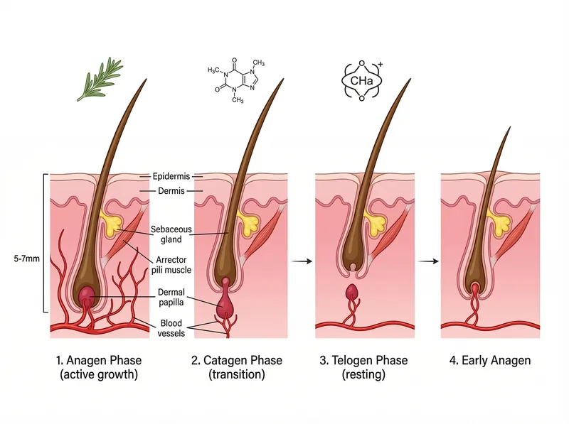 Educational diagram showing hair growth cycle phases with ingredient intervention points
