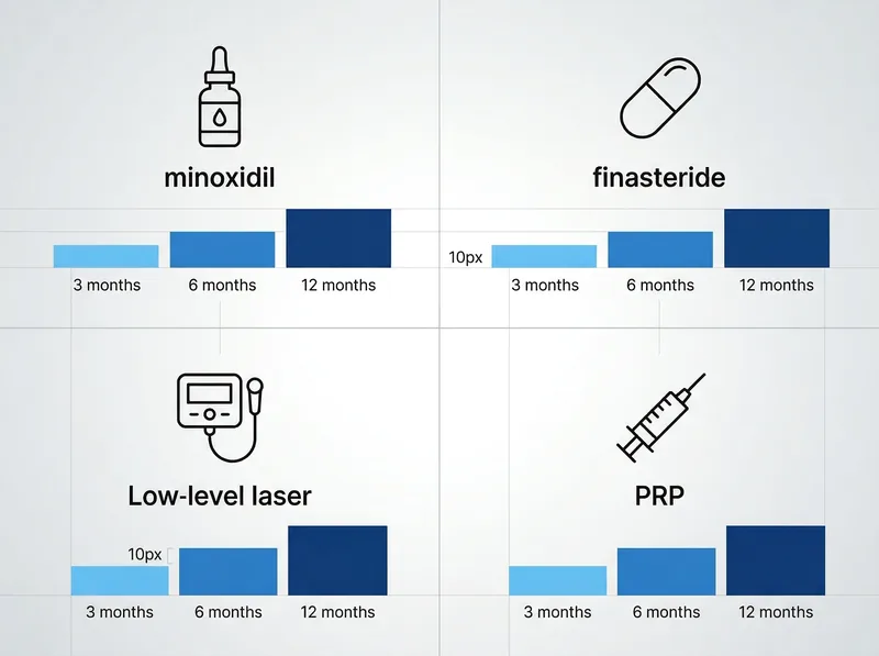 Visual comparison chart of evidence-based hair loss treatments showing effectiveness timelines