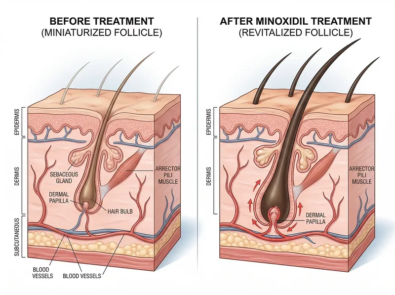 Scientific diagram showing how minoxidil works on hair follicles at the cellular level