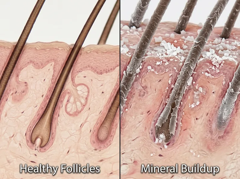 Close-up microscopic view of healthy hair follicles versus damaged follicles affected by mineral buildup