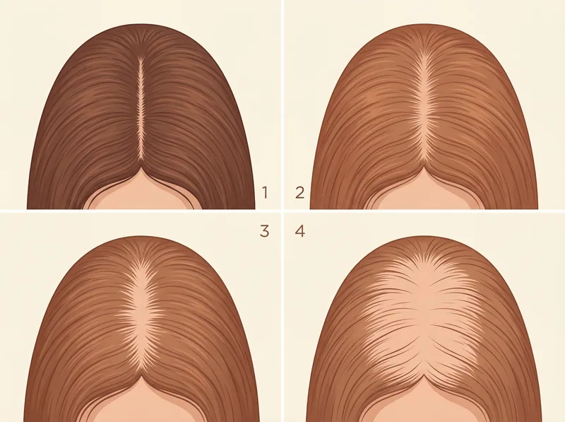 Educational diagram showing four types of female hair loss patterns with labeled illustrations