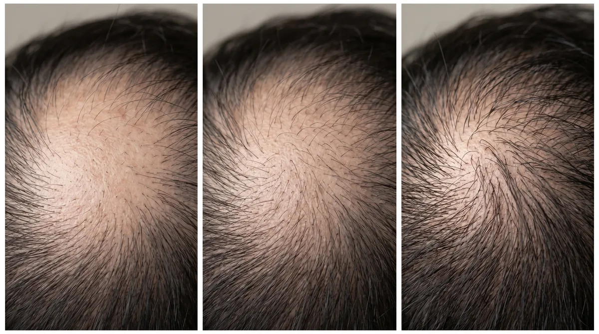 Close-up comparison showing hair density progression over six months with visible follicle development stages