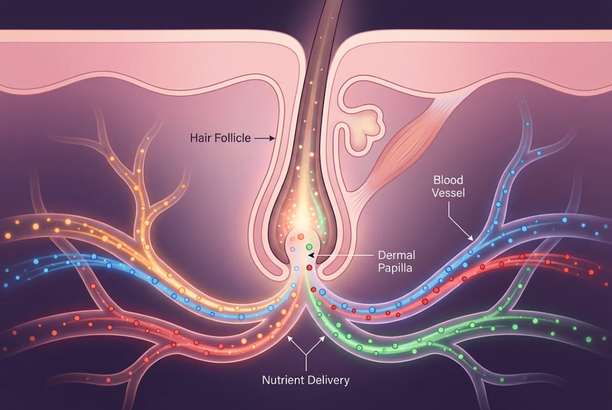 Scientific visualization showing nutrients flowing through blood vessels to hair follicle bulb with biotin, collagen, iron and vitamin particles