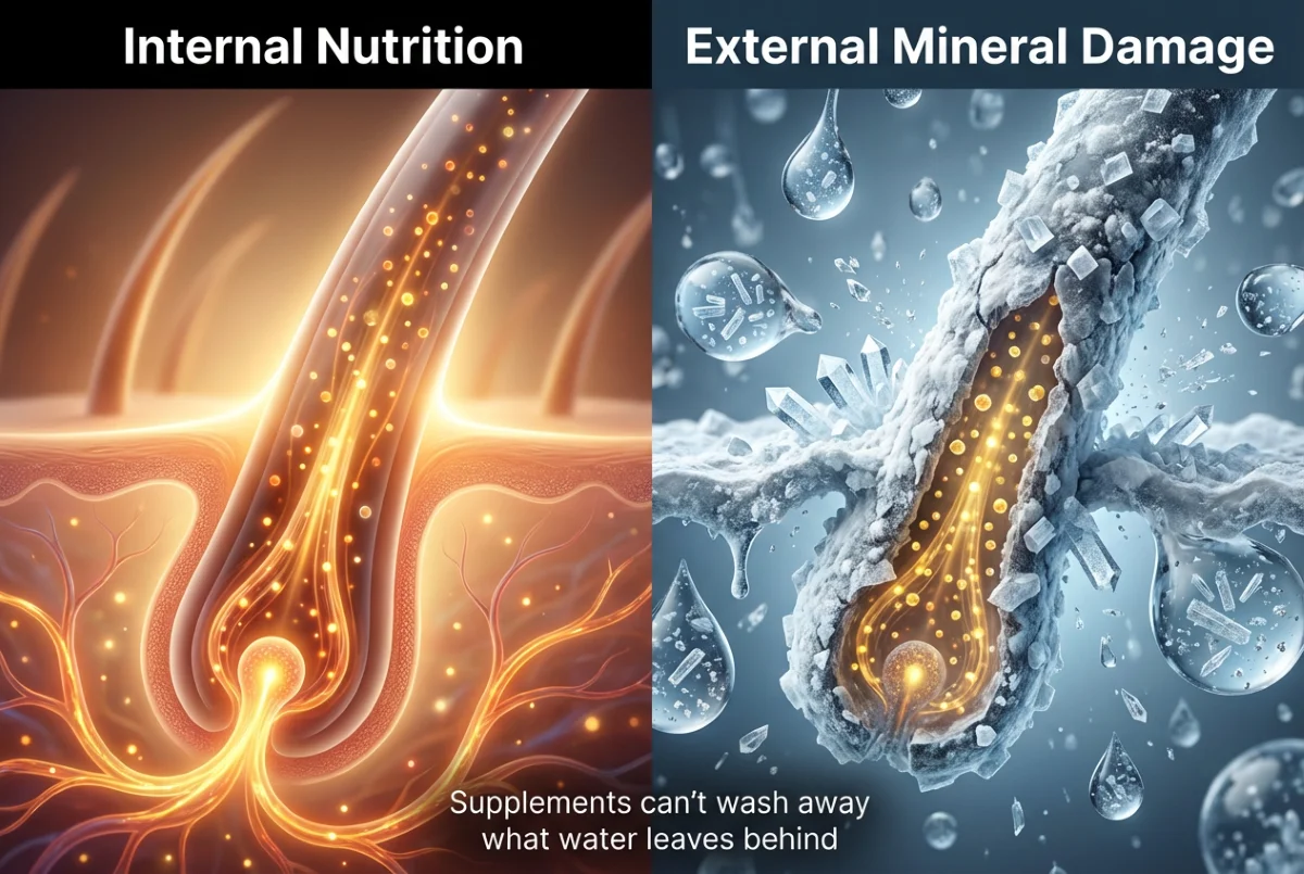 Split comparison image showing internal nutrient absorption on left versus external mineral damage from hard water coating hair shaft on right