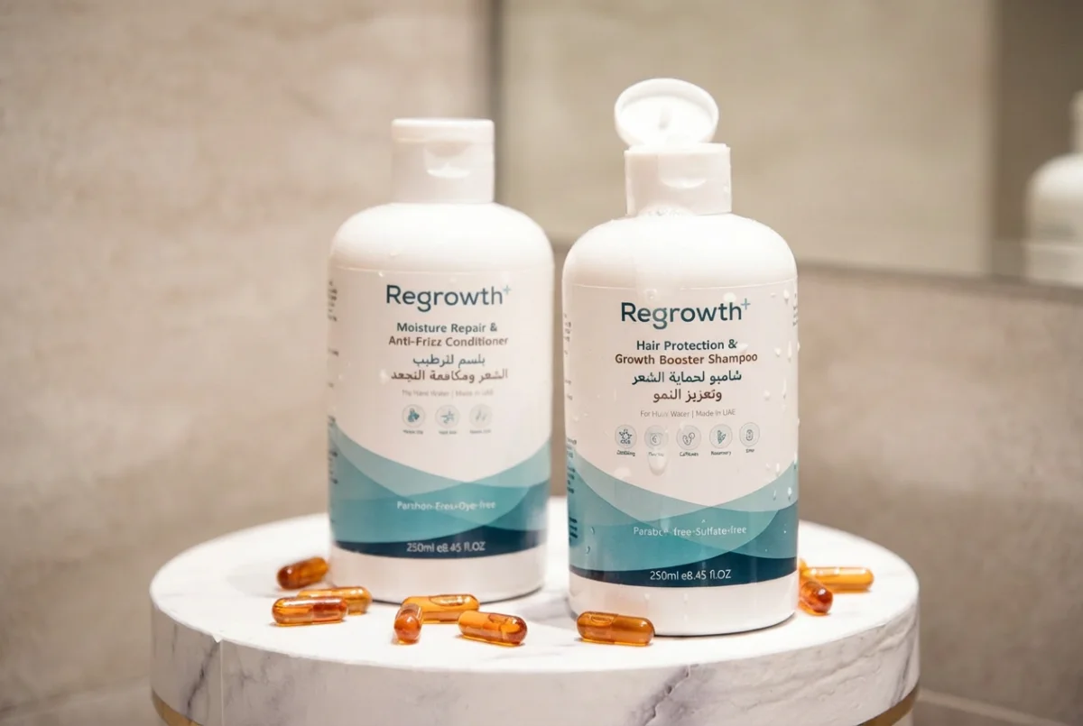 Regrowth+ Hair Protection and Growth Booster Shampoo and Moisture Repair Anti-Frizz Conditioner bundle on white pedestal with supplement capsules