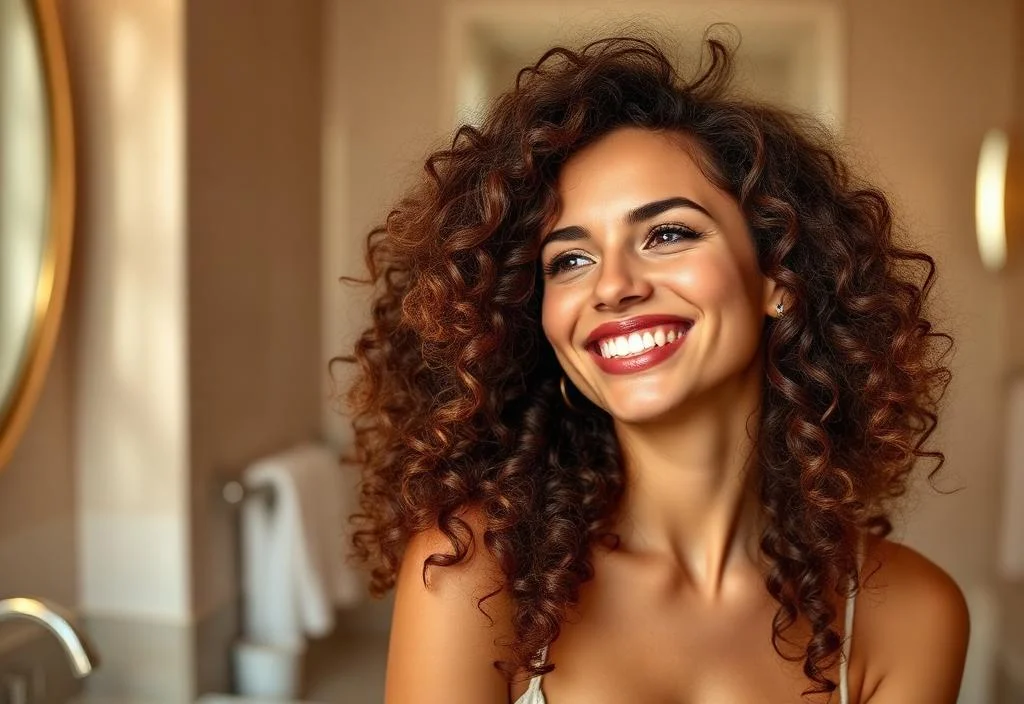 Woman with beautifully restored, healthy curly hair